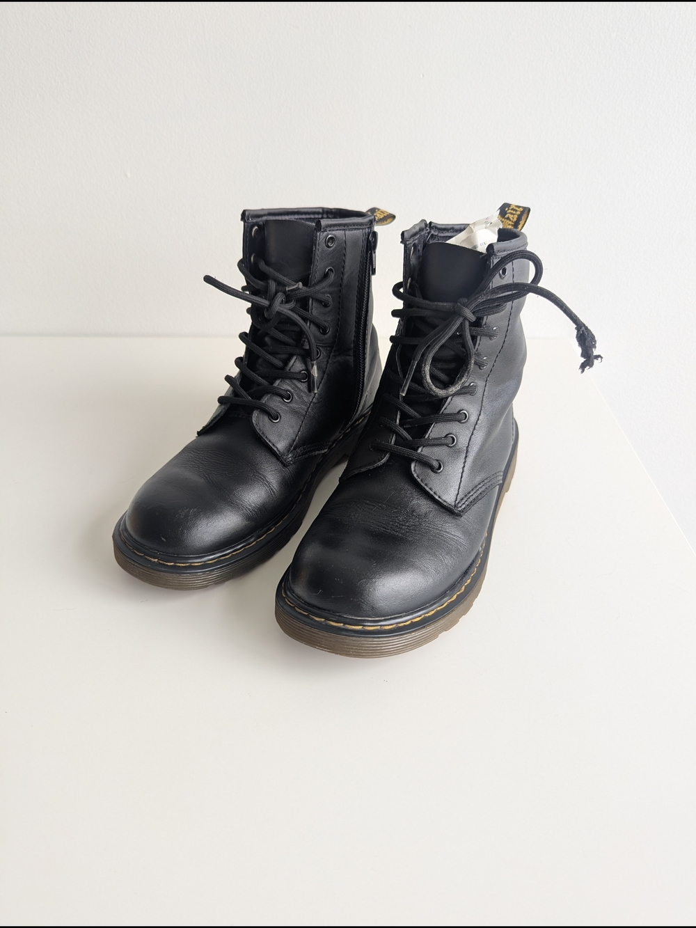 Dr. Martens Black Leather Lace-Up Ankle Boots with Yellow Stitching
